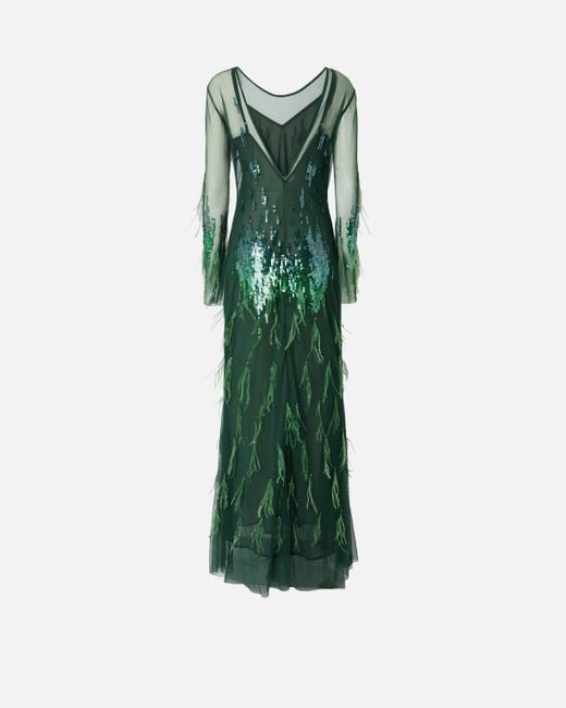 Abito Con Paillettes E Piume di Pinko in Green