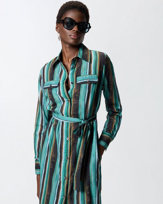 Pinko Green Cotton Midi Shirt Dress With Brushstroke-Effect Stripes