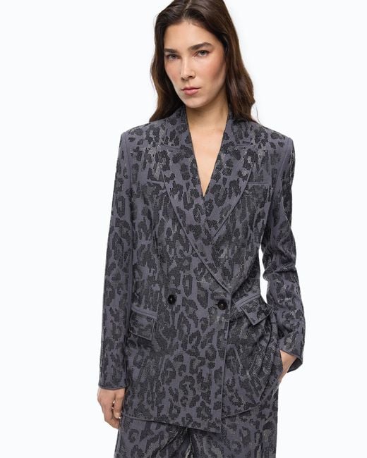 Pinko Gray Double-Breasted Jacket With Rhinestones And Jaguar Motif