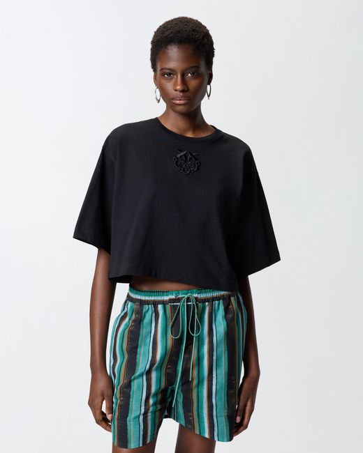 Pinko Blue Cropped T-Shirt With Love Birds Embroidery