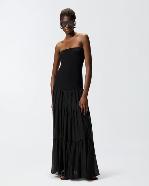 Pinko Black Long Dress With Ribbed Top And Flounced Skirt