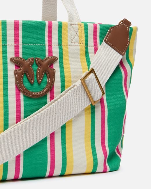 Pinko Blue Medium Shopper Bag In Striped Canvas
