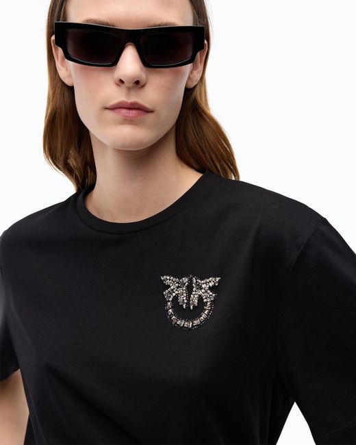 Pinko Black T-Shirt With Love Birds Jewel Detail