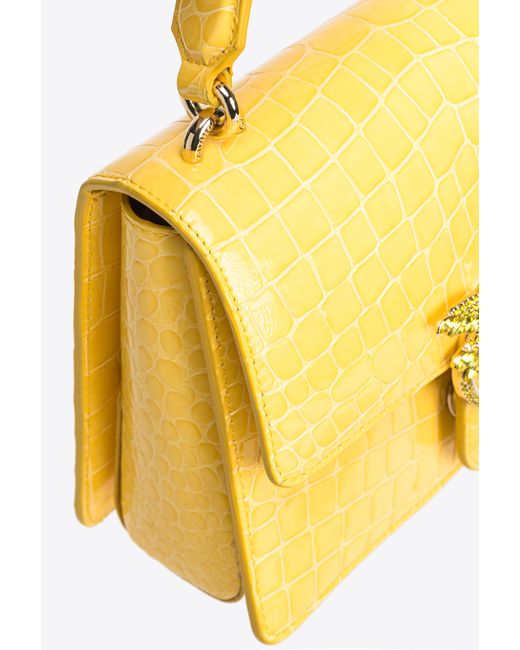 Pinko Yellow Galleria Mini Love Bag One Top Handle Light In Shiny Croc-print Leather