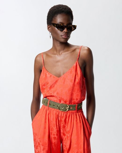 Pinko Red Jacquard Crop Top With Spaghetti Straps