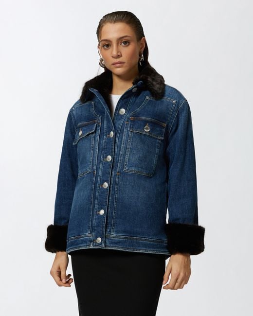 Pinko Blue Denim Overshirt Jacket With Fur-Effect Collar