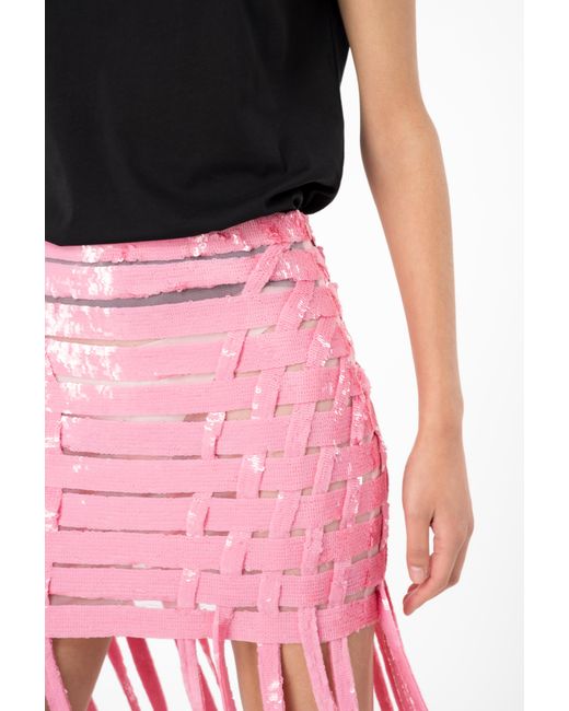 Pinko Pink Sequin-lace Mini Skirt With Fringing