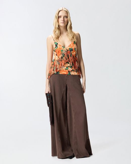 Pinko White Sleeveless Top With Fringing And Floral Print