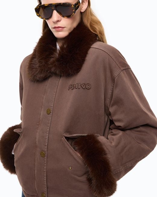 Pinko Brown Cotton Pea Coat With Faux Fur Details