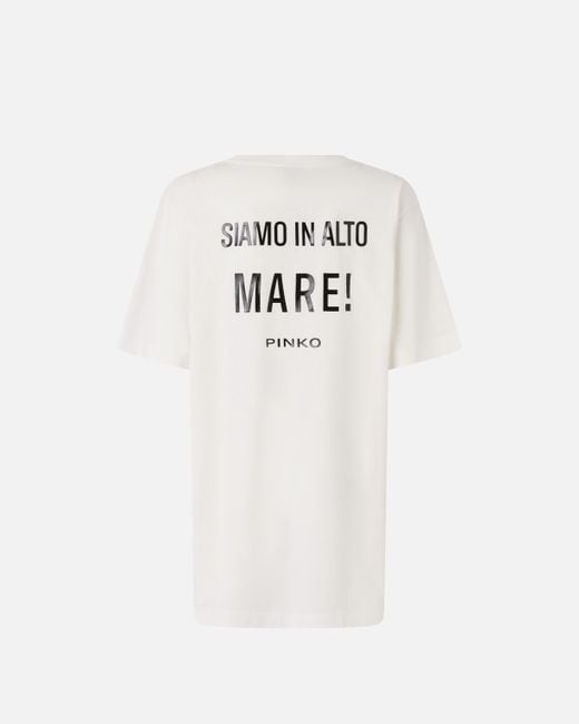 Pinko White Oversized Long T-shirt With Print And Embroidery