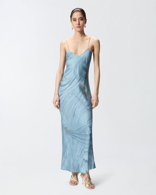Pinko Blue Fluid Slip Dress With Placed Jewel Print