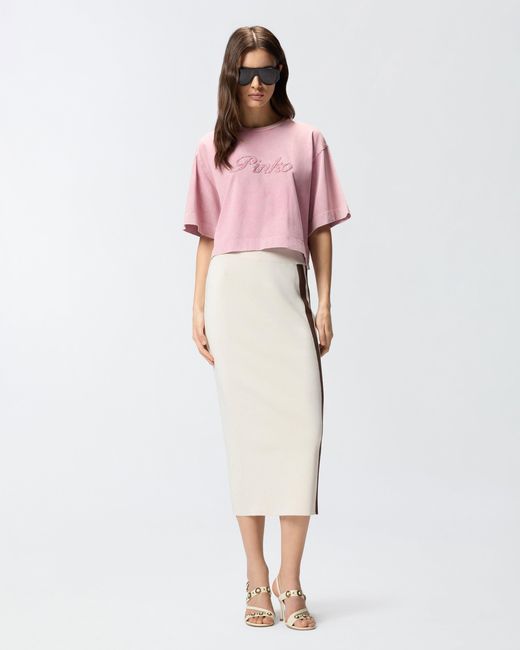 Pinko Pink Cropped T-Shirt With Distressed Embroidery