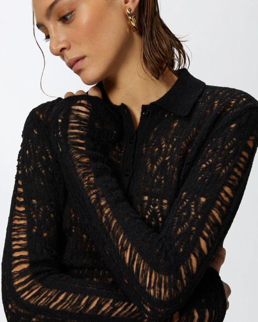 Pinko Black Lace Effect Long-sleeved Polo Shirt