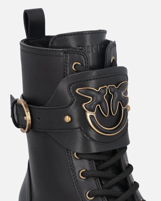 Pinko Black Leather Combat Boots With Branded Front Strap