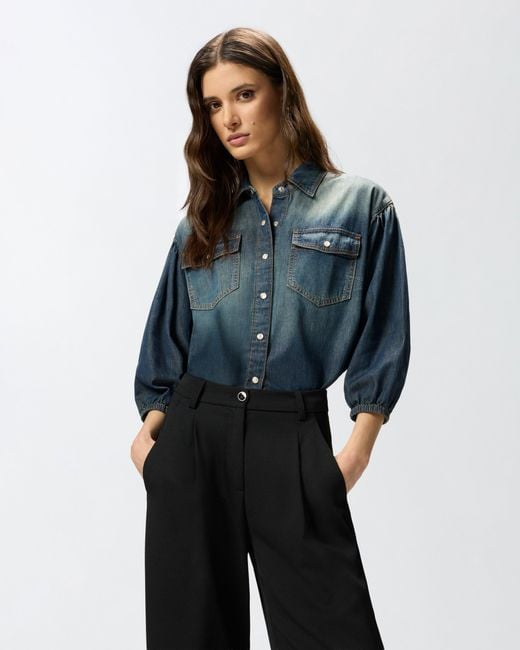 Pinko Blue Denim Shirt With Balloon Sleeves