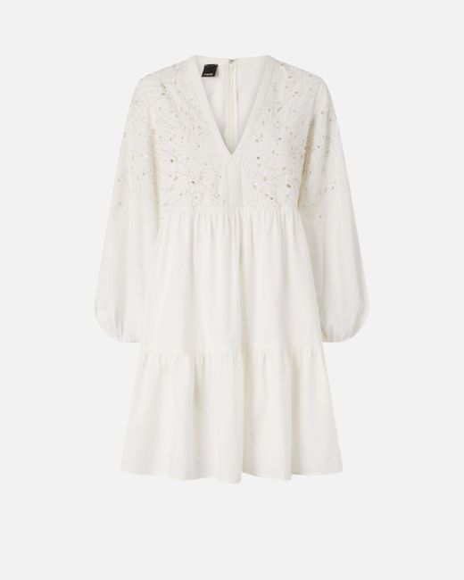 Pinko White Mini Dress With Openwork And Crystals