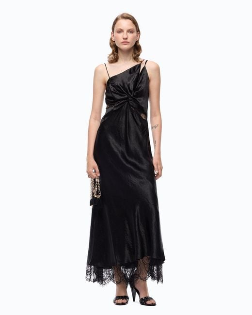 Pinko Black Long Satin Dress With Draping And Lace