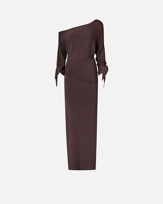 Pinko Brown Long Rib-Knit Dress With Asymmetrical Neckline
