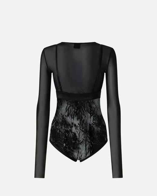 Pinko Black Tulle And Lace Knit Bodysuit