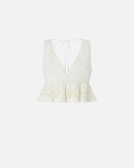 Pinko White Crop Top With Ruffle And Openwork Pattern