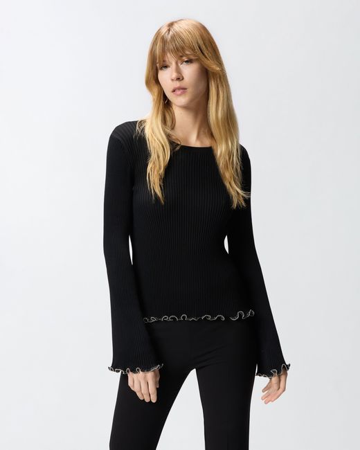 Pinko Black Ribbed Sweater With Jewel Edges