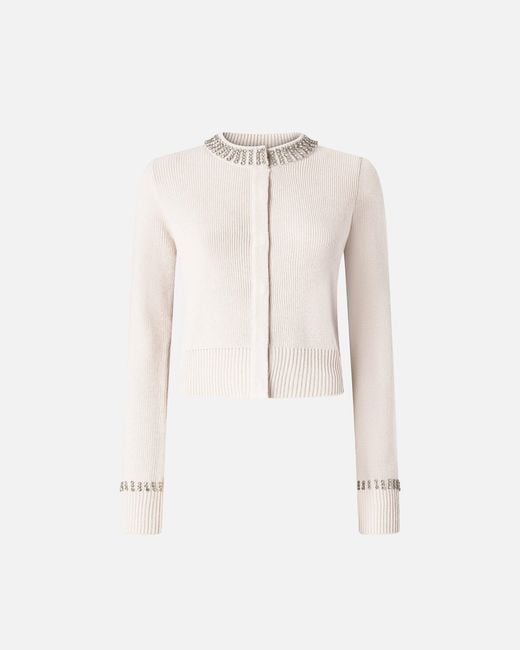 Pinko Natural Round-Neck Cardigan With Rhinestones