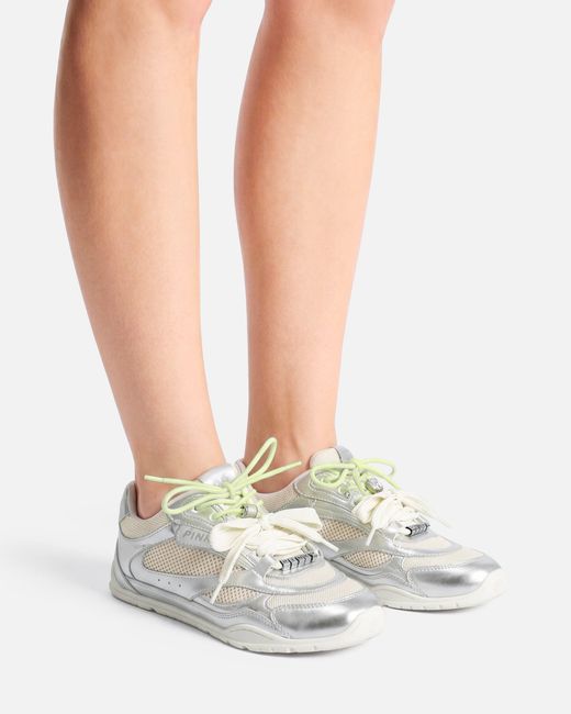 Pinko White Laminated Sneakers With Double Laces And Jewel Details