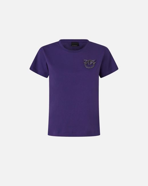 Pinko Blue T-shirt With Crystal-embroidered Love Birds Logo