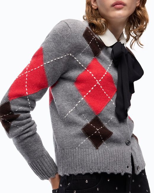 Pinko Red Wool And Cashmere Crew-Neck Cardigan With Diamond Motif