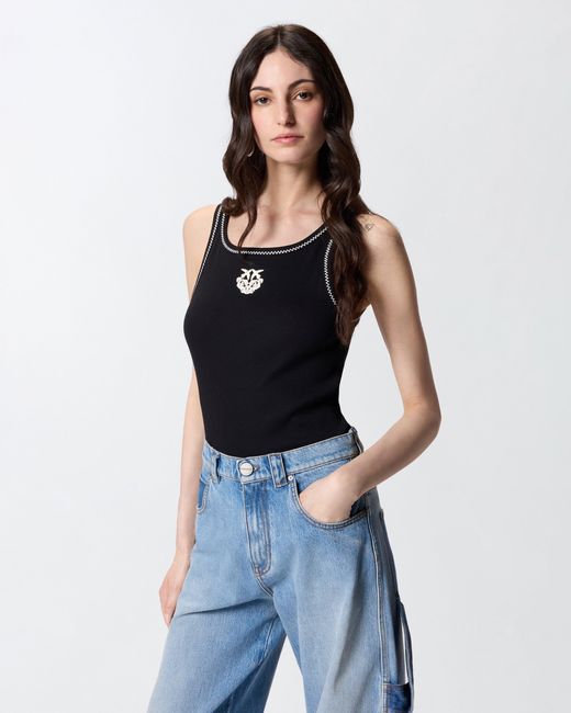 Pinko Black Ribbed Vest Top With Love Birds Embroidery