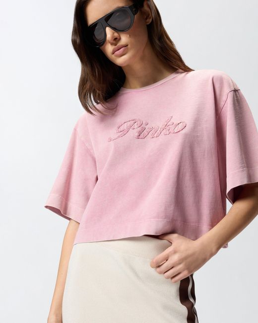 Pinko Pink Cropped T-Shirt With Distressed Embroidery
