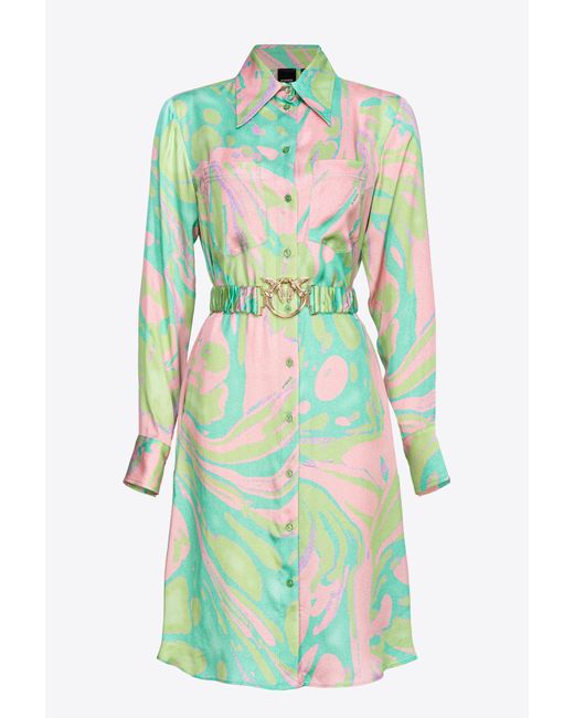 Pinko Green Splash-print Satin Shirt Dress