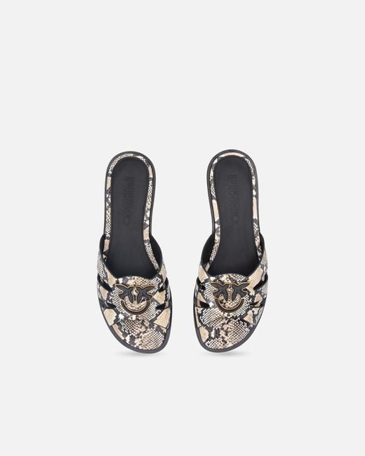 Pinko White Leather Slip-On Sandals With Python Print And Love Birds Logo