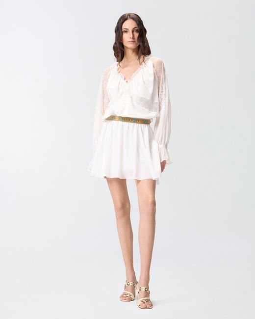Pinko White Mini Dress With Long Sleeves And Lace Details