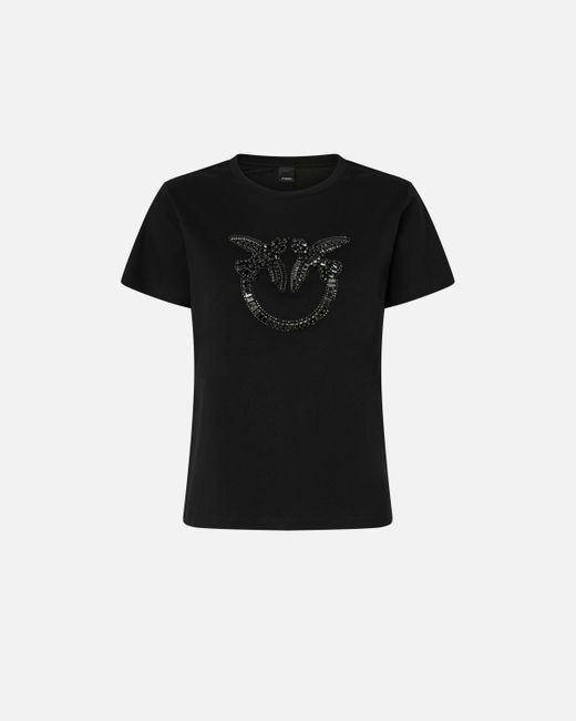 Pinko Black T-Shirt With Decorated Love Birds Logo