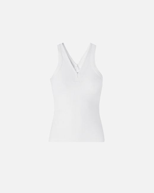 Pinko White Rib-Knit Tank Top With V-Neck And Logo