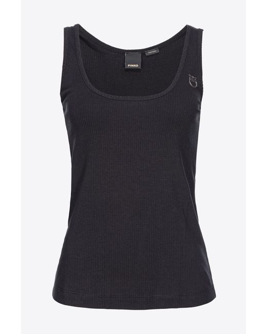 Pinko Black Ribbed Vest Top With Love Birds Embroidery