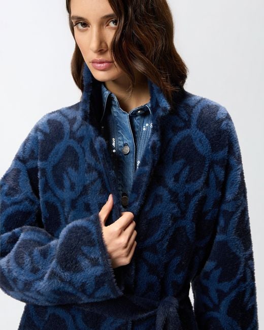 Pinko Blue Velour-effect Coat With Jacquard Logo