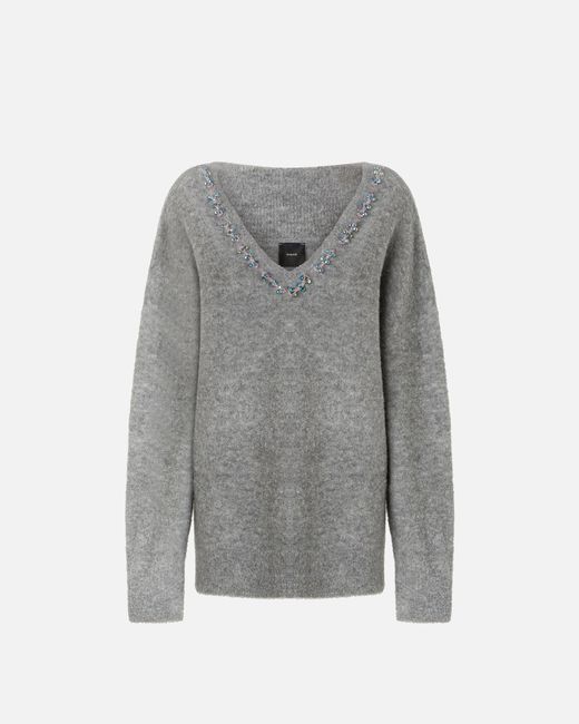 Pinko Gray Wool-blend Sweater With Jewel Embroidery