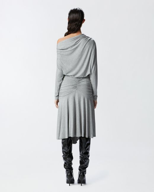 Pinko Gray Draped Jersey Midi Dress With Exposed Shoulder, Drizzle