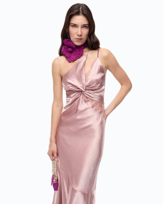 Pinko Pink Long Satin Dress With Draping And Lace