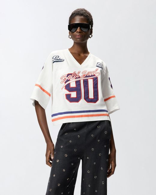 Pinko White Cropped T-Shirt With V-Neck And Branded Patches