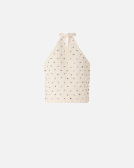 Pinko White Halterneck Top With Diamond Motif And Rhinestones