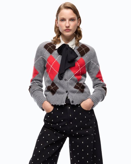 Pinko Red Wool And Cashmere Crew-Neck Cardigan With Diamond Motif