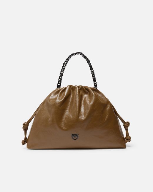 Pinko Brown Naplak Leather Shoulder Bag With Chain Strap