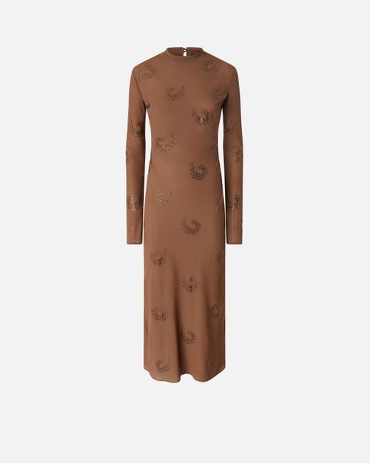 Pinko Brown Long High-Necked Dress With Rhinestone Swirls