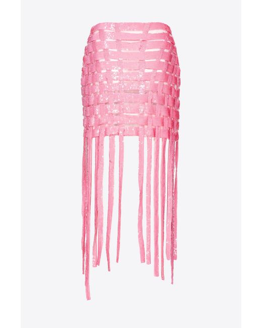 Pinko Pink Sequin-lace Mini Skirt With Fringing