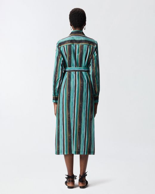 Pinko Green Cotton Midi Shirt Dress With Brushstroke-Effect Stripes
