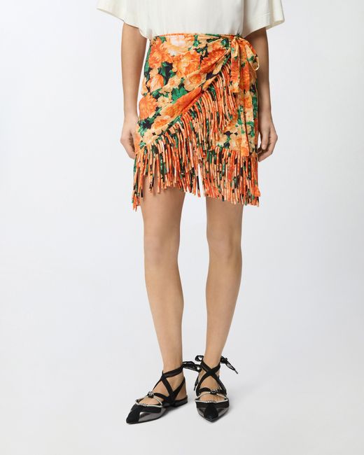 Pinko Orange Short Skirt With Fringing And Botanic Garden Print