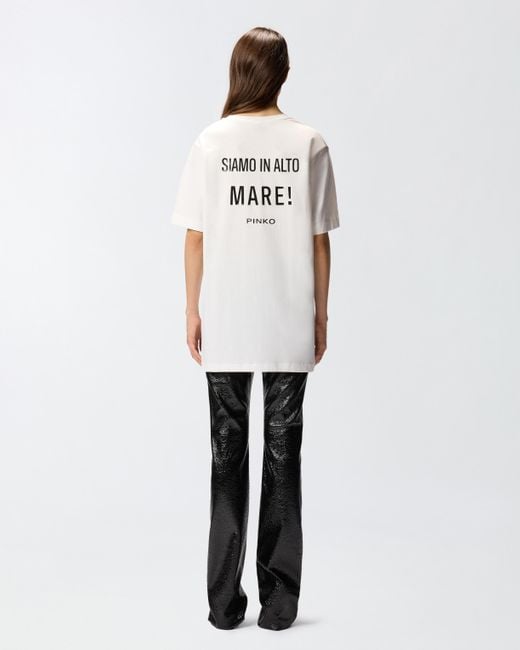 Pinko White Oversized Long T-shirt With Print And Embroidery